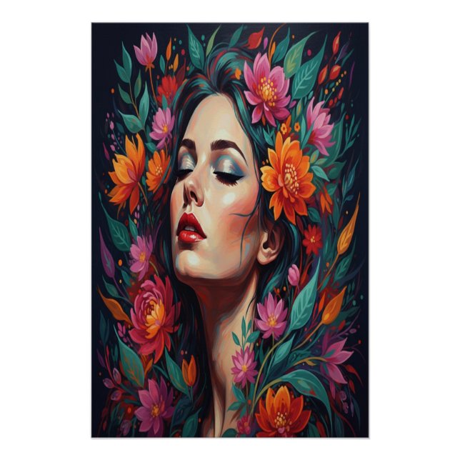 Poster ​"Lush Floral Dream Woman | Vibrant Portrait Art" (Devant)