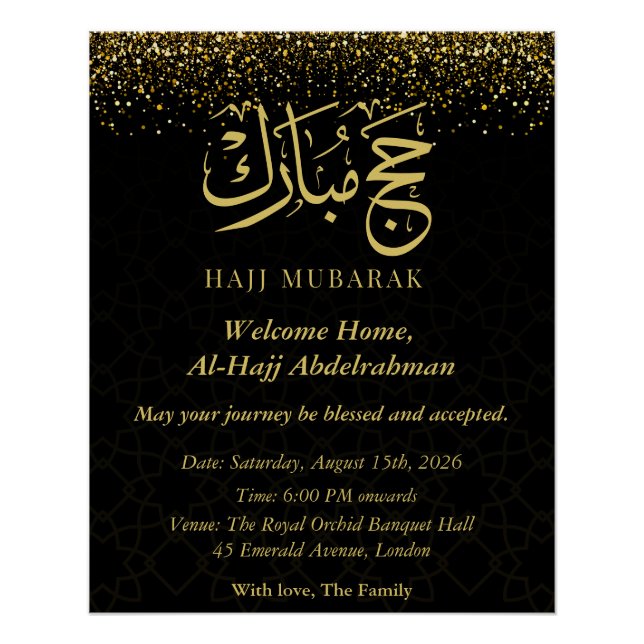 Poster Luxueux Hajj Mubarak en calligraphie arabe dorée  (Devant)