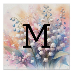 Poster Lys monogramme floral de l'aquarelle de la vallée