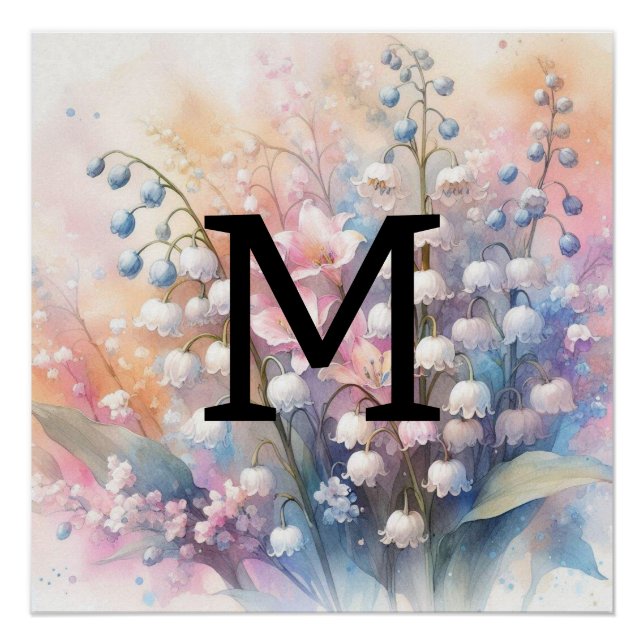 Poster Lys monogramme floral de l'aquarelle de la vallée (Devant)