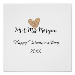 Poster M & Mme nom joyeuse Saint-Valentin cœur en or 