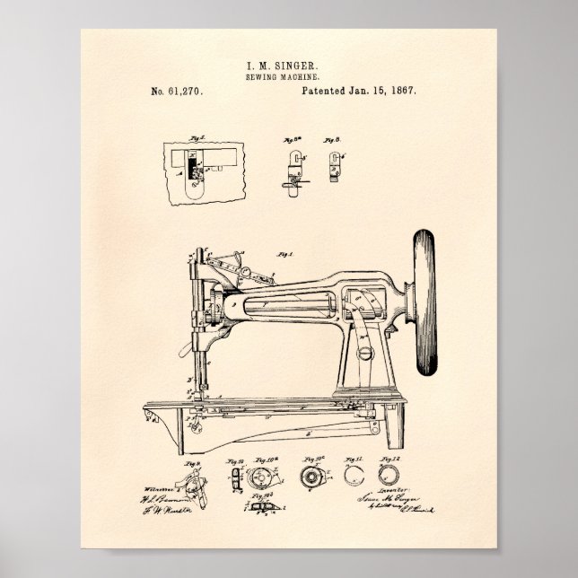 Poster Machine à coudre 1867 Brevet Art Vieux Poivre (Devant)