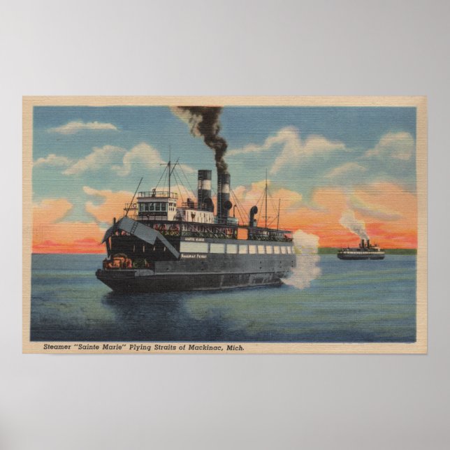 Poster Mackinac, MI - Vue de Sainte Marie Steamer (Devant)