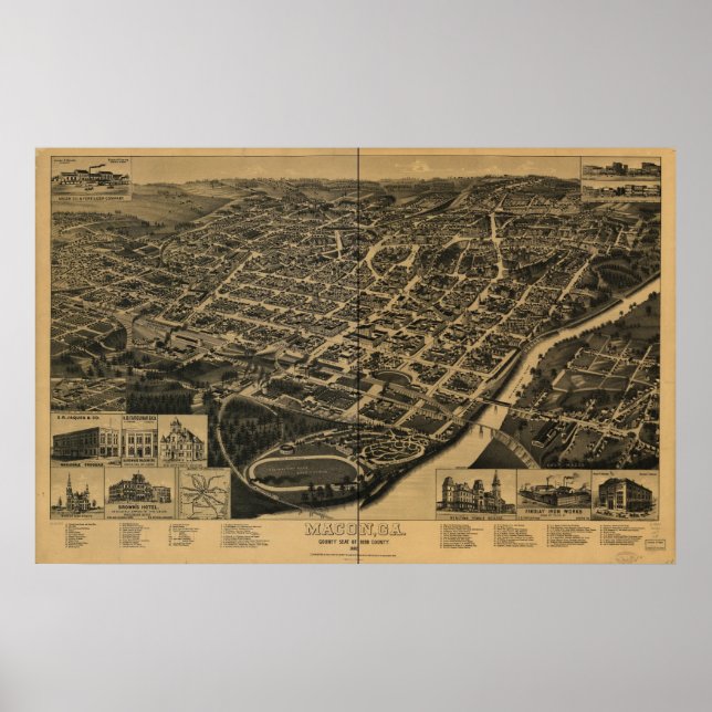 Poster Macon Georgia 1887 Antique Carte Panoramique (Devant)