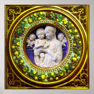 POSTER MADONNA WITH CHILD,ANGELS RENAISSANCE FLORAL CROWN