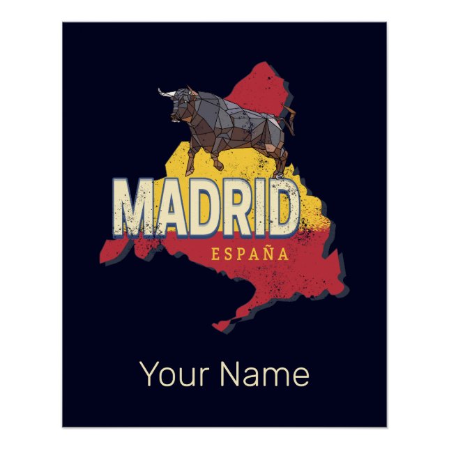 Poster Madrid Espagne Rétro Carte Région Vintage Bull (Devant)