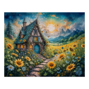 Poster Magical Cottage avec Sunflower Field