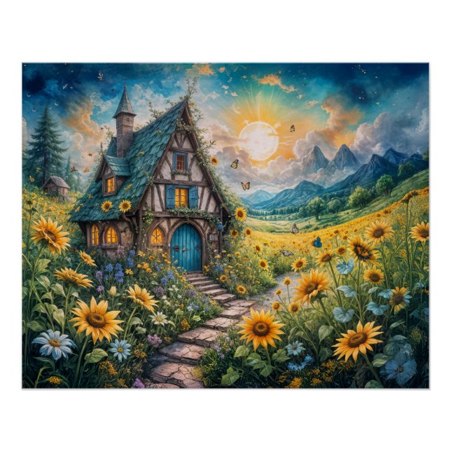 Poster Magical Cottage avec Sunflower Field (Devant)