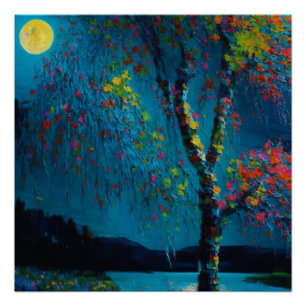 Poster Magical Moon River Tree en style peinture à l'huil