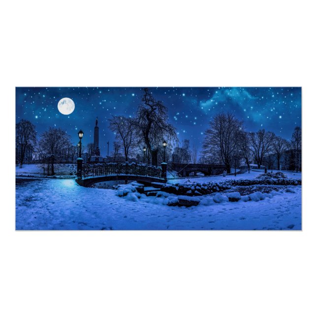 Poster Magique nuit d'hiver avec ciel étoilé et pleine lu (Devant)