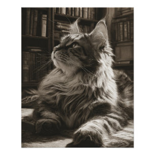 Poster Magnifique art de chat Maine Coon sépia de bibliot