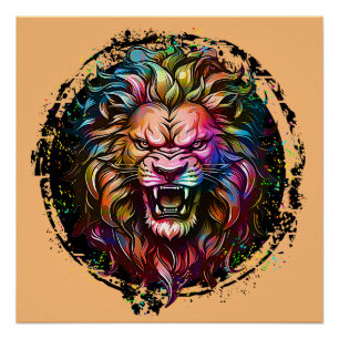 POSTER MAGNIFIQUE RUGISSEMENT DE LION ABSTRAIT GÉOMÉTRIQU