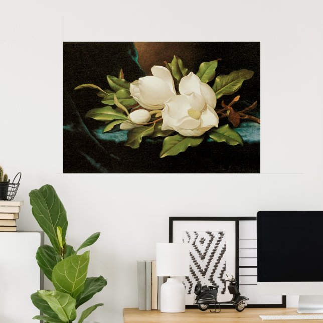 Poster Magnolias géant sur un tissu de velours bleu par M (Bureau à domicile)