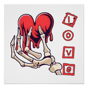 Poster Main de squelette symbolique d'amour offrant un cœ