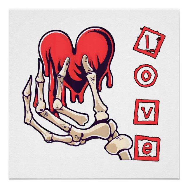 Poster Main de squelette symbolique d'amour offrant un cœ (Devant)
