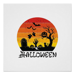 Poster Main de zombie Halloween Pierre tombale Arbre Chat