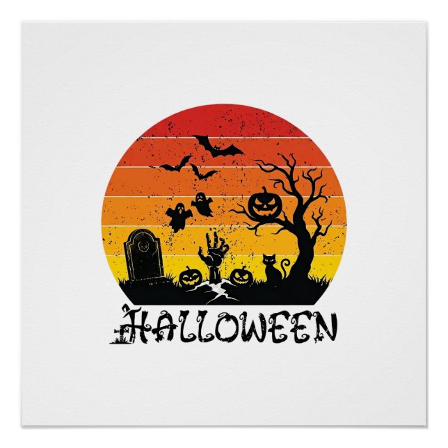 Poster Main de zombie Halloween Pierre tombale Arbre Chat (Devant)