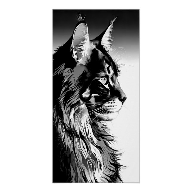 Poster Maine Coon Art Print: Black & White Cat Portrait (Devant)