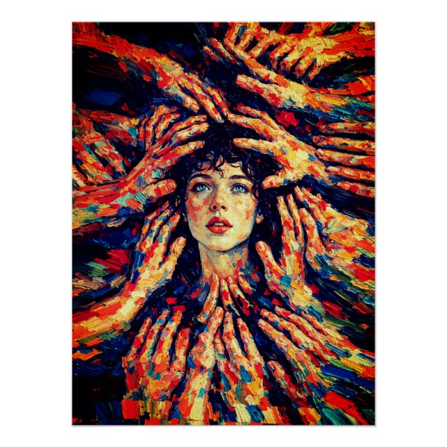 Poster Mains de femme couvrant le visage Émotion intense (Devant)