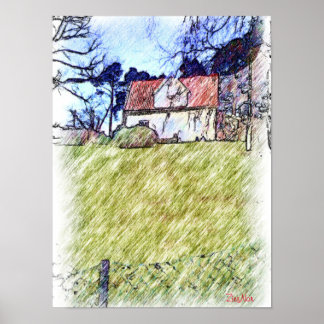 Poster maison blanche sur la colline