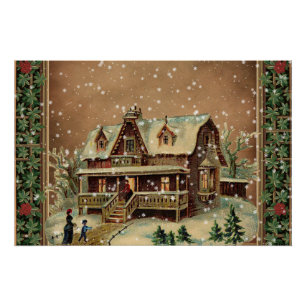 Poster Maison de Noël victorienne en hiver Illustration