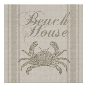 Poster Maison de plage crabe rivage côtier vintage