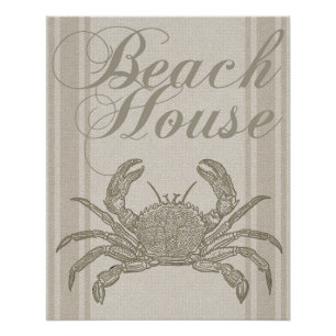 Poster Maison de plage crabe rivage côtier vintage