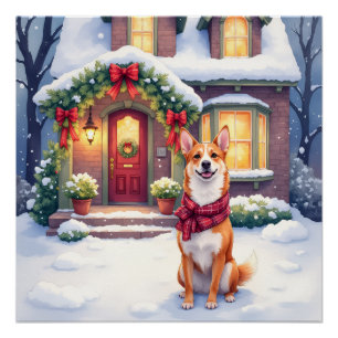 Poster Maison de ville de Basenji à Noël en aquarelle