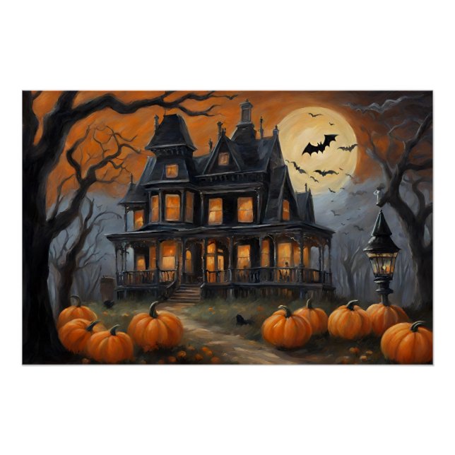 Poster Maison et Pleine lune d'Halloween vintage (Devant)