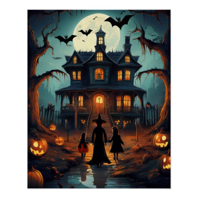 Poster Maison hantée d'Halloween pour les enfants qui fon (Devant)