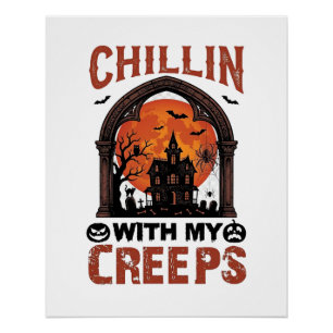 Poster Maison hantée Halloween Chillin Creeps Lune Orange
