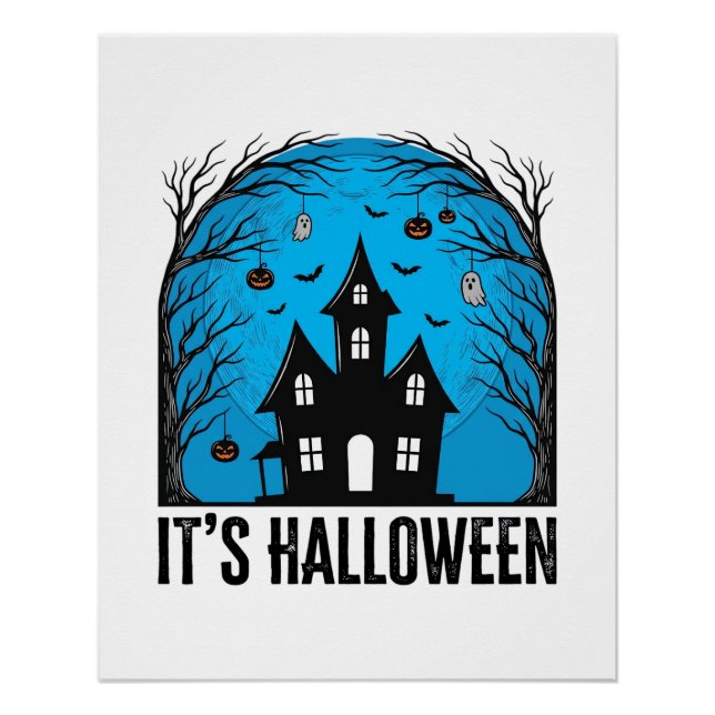 Poster Maison Hantée Halloween Lune Gravure Vintage Dés (Devant)