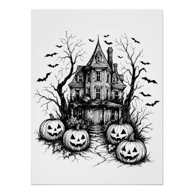 Poster Maison hantée Halloween noir et blanc (Devant)