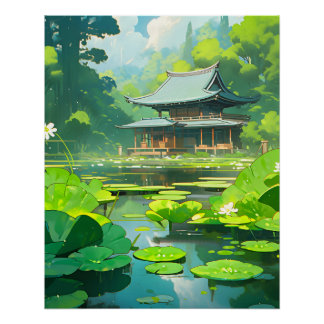Poster Maison japonaise et lac avec des coussinets verts