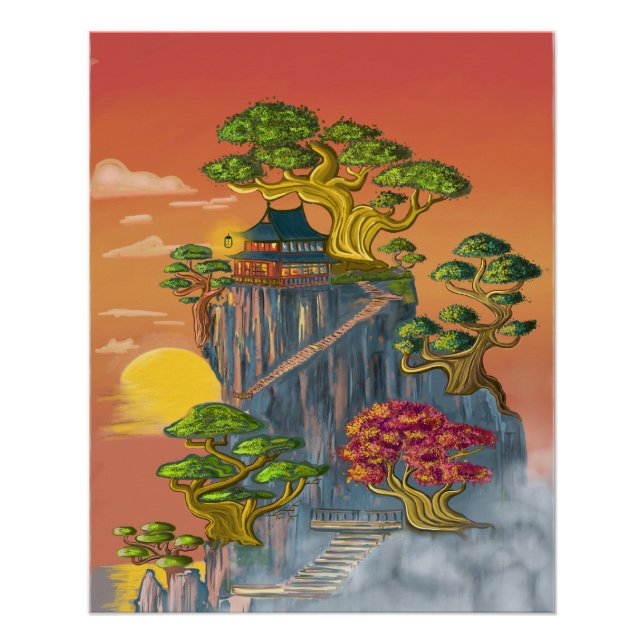Poster Maison japonnaise et bonzaï sur les roches. (Devant)