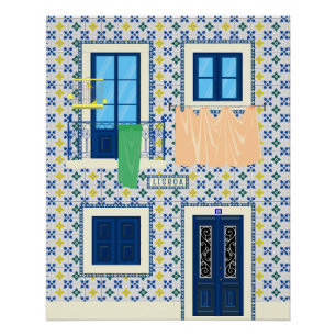 Poster Maison portugaise de Lisbonne avec tuiles et oisea
