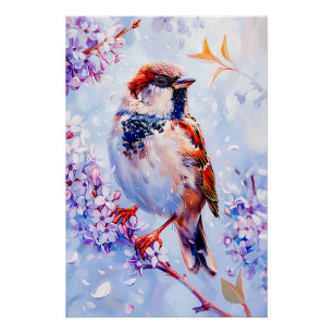 Poster Maison Sparrow sur une branche d'art impressionnis