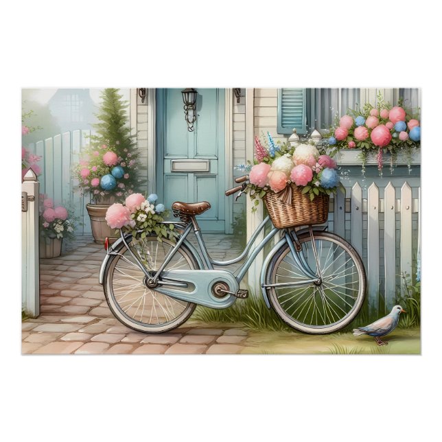 Poster Maisonnette Bleue avec Vélo et Panier de Fleurs Pr (Devant)