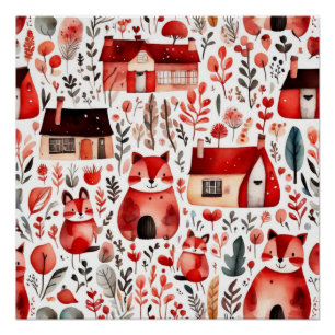 Poster Maisons rouges et feuille de papier mignon