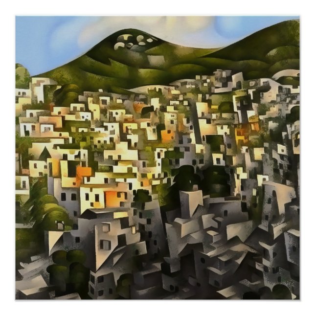 Poster Maisons sur le versant de la colline - Art abstrai (Devant)