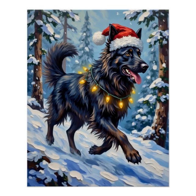 Poster Majestic Belgian Shepherd Snow Forest Christmas (Devant)