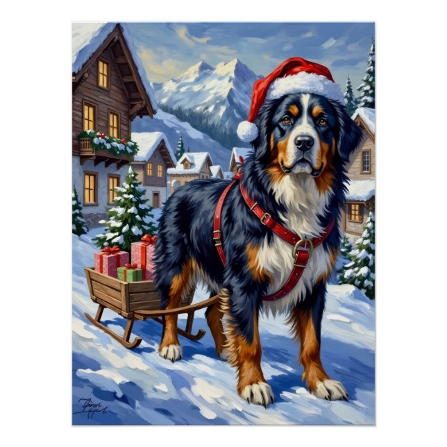 Poster Majestic Bernese Mountain Dog Alpine Christmas (Devant)