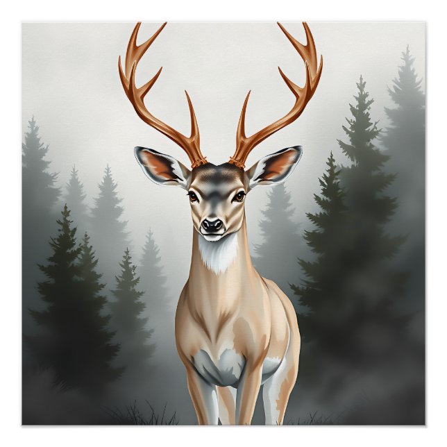 Poster Majestic Deer in Misty Forest – Tranquil Wildlife  (Devant)