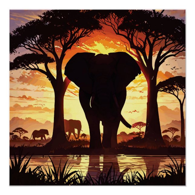 Poster Majestic Elephant at Sunset in the African Savanna (Devant)