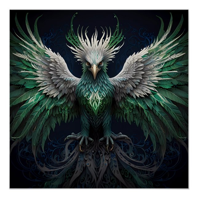Poster Majestic Green & White Phoenix Bird (Devant)
