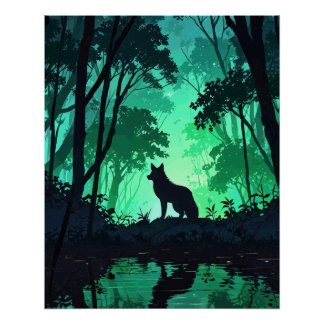 Poster Majestic Wolf Silhouette in Mystical Green Forest