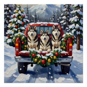 Poster Malamute d'Alaska camion rouge de Noël vacances