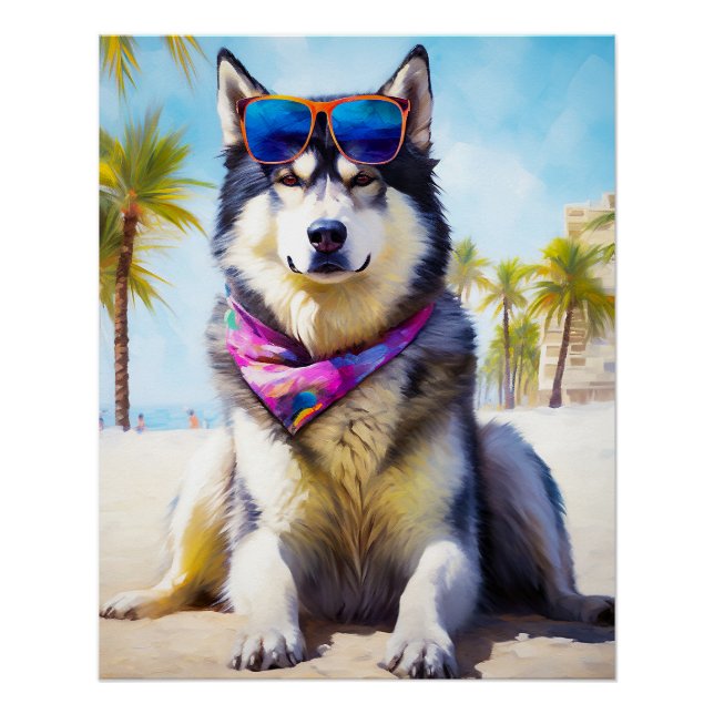 Poster Malamute d'Alaska sur la plage, cadeau d'été (Devant)