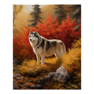 Poster Malamute en Alaska à l'automne Feuilles automne in