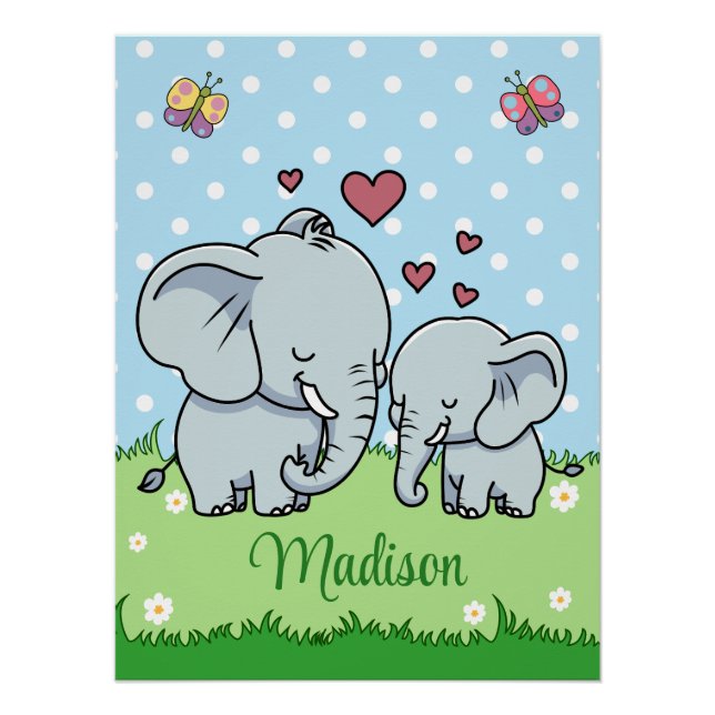 Poster Maman et bébé éléphant mignons, personnalisé (Devant)